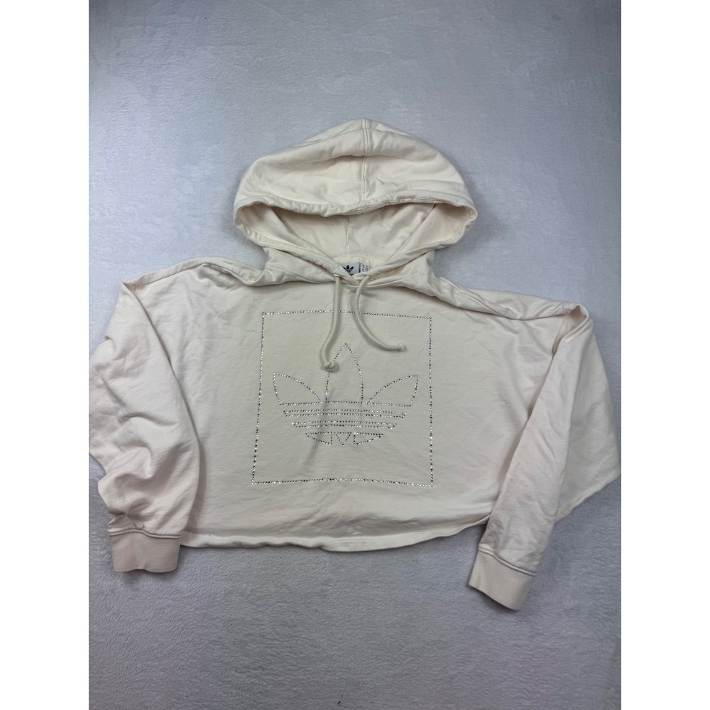 Adidas Originals Womens Rhinestone Trefoil Cropped Hoodie Cream White‎ Small